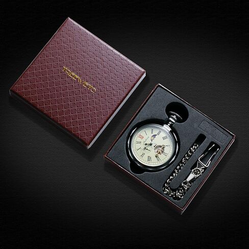 Mechanical Pocket Watches Roman Numerals Open Face with Chain Men 24-Hour Moon Sun + Box in Saudi Arabia