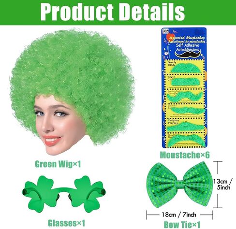 St Patrick's Day Party Favors Supplies Set, St. Patricks Day Accessories Cosplay Props Irish Party Funny Costume Accessory Party Supplies Green Wig, Green Beard, Clover Sunglasses, Sequin Bow, Green, in Kuwait