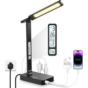 Desk Lamp with USB Charging Port: LED Eye-Caring Smart Table Light for Home Office - 1 Type-C, 1 USB-A Charging Port, 2 AC Power Outlets.