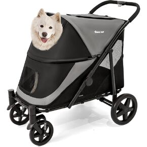 Dog Stroller for Medium/Large Dogs One-Click Folding Totoro ball 4 Wheel Pet Stroller Foldable Dog Stroller for 2 Dogs Jogger Stroller with Storage Pocket Suitable for Pets Up to 110LBS (Beige&Grey)