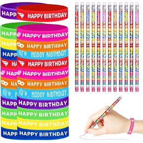 48 Pcs Happy Birthday Pencils Set 24 Happy Birthday Pencils Birthday Pencils 24 Happy Birthday Silicone Bracelets Rubber Wristband Happy Birthday Party Favors Bulk Birthday Classroom Gifts