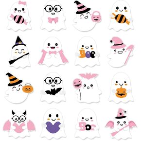 48Pcs Halloween Ghost Cutouts Pink Cute Ghost Paper Cut-Outs Halloween Bulletin Board Decor with 100Pcs Glue Points for DIY Art Craft Wall Home Party