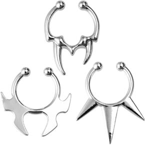 3Pcs Stainless Steel Fake Nose Septum Rings for Women Men Spike Bucktooth Non Piercing Clip On Nose Hoop Septum Hoop Fake Nose Piercing Jewelry