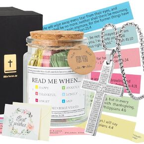 Bible Verse Jar, Read Me When Bible Verses Jar with Cross Necklace Greeting Card for Emotions and Feelings, The Hope Jar Bible Verses with Color Coded Bible Verses Jar, Christian Gifts for Women Men