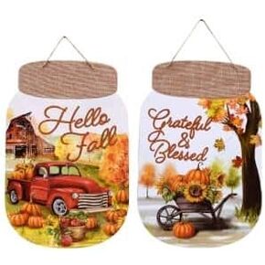 حصاد الخريف عيد الشكر مع (أوراق القيقب) جرة ميسون مزخرفة على شكل (مرحبًا بالخريف) (ممتن ومبارك) مجموعة من (2) 13.5x8.5in in Kuwait