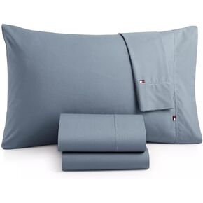 Tommy Hilfiger Signature Solid Sheeting 200 TC Set of 4 Sheet Set - 1 Flat Sheet, 1 Fitted Sheet & 2 Pillowcases, Full Size, 100% Cotton (Folkstone Gray)