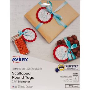 Avery Printable Blank Scallop Round Gift Tags with Sure Feed, 2.5" Diameter, Textured White, 90 Customizable Tags (80511)