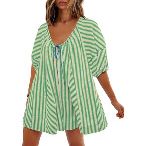 Womens Summer Striped Romper Casual Oversized Puff Short Sleeve Wide Leg Short Jumpsuits Overalls