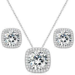 Square Moissanite Diamond Earrings and Necklace Set for Women/Men 18K White/Yellow Gold Sterling Silver Moissanite Jewelry Set for Bridal Wedding Birthday Anniversary Party