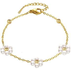 Gold Dainty Flower Pearl Bracelet Pearls Daisy Bracelets for Women Trendy Simple Cute Bracelet Adjustable Link Chain Layered Bracelets Bridesmaid Jewelry Gifts for Women