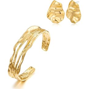 Gold Hammered Earrings and Cuff Bracelets Set for Women Irregular Gold Stud Earrings and Adjustable Gold Open Cuff Bangles