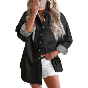 BTFBM Women's Button Down Denim Shirts Fall Lapel V Neck Chambray Oversized Casual Long Sleeve Blouse Tops with Pocket