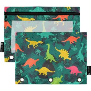 Colorful Dinosaurs Green Pencil Pouch for 3 Ring Binder, Pencil Bag Pencil Case Cosmetic Bag with Zipper Clear Window for Office Travel Cosmetic, 2 Pack