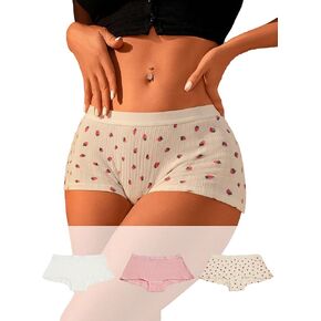 SweatyRocks Women's 3 Piece Strawberry Print Low Rise Boyshorts Panties Seamless Boxer Briefs Underwear