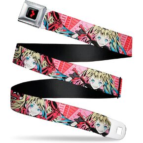 DC Comics Belt, Seatbelt Buckle Belt, Harley Quinn Puddin Poses Anime Graphics Pink Red, Adjustable