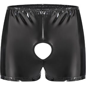 Mens Shiny Leather Boxer, Sexy Below Open Crotch, Glossy PU Leather, Comfort Stretch Waistband