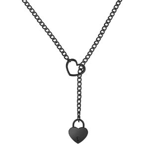 Heart Slip Chain Necklace for Women, Adjustable O-Ring Lariat Y-Necklace, Stainless Steel Punk Rock Cuban Long Heart Lock Pendant Necklaces with Key