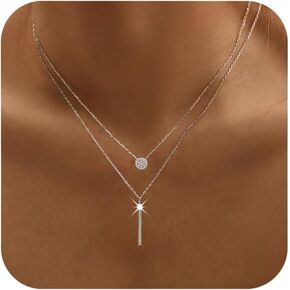 14K Gold Plated Layered Necklaces for Women 925 Sterling Silver Bar Charm Choker Double Circle Layered Y Clavicle Pendant Necklace Adjustable Chain Necklace Birthday Graduation Gifts for Her