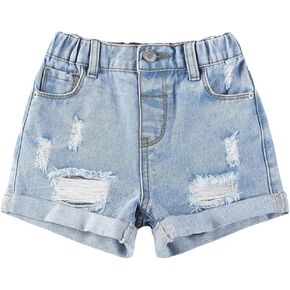 Verdusa Toddler Girls Ripped Roll Up Hem Denim Shorts Elastic Waist Straight Leg Shorts