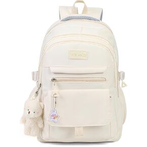 Girls Backpack for College High Middle School Student, Cute Aesthetic Bookbag for Teens Women with Accessories,Beige