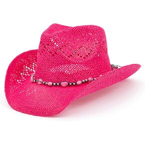 Hollowed-Out Beaded Straw Hat with Heart Pattern, Western Cowboy Cowgirls Summer Beach Sun Hat for Men Women