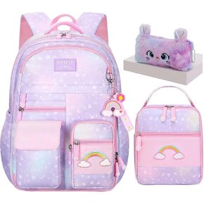 3Pcs Kids Backpack For Girls,Cute Rainbow Student School Backpack With Lunch Bag Pen Bag Set (Pink Medium 16.5in