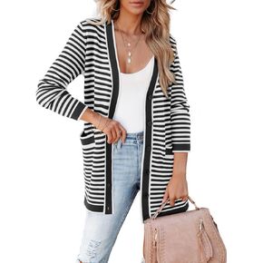 Dokotoo Cardigan Sweaters for Women Striped Fall Outfit Open Front Button Down Womens Cardigan with Pockets
