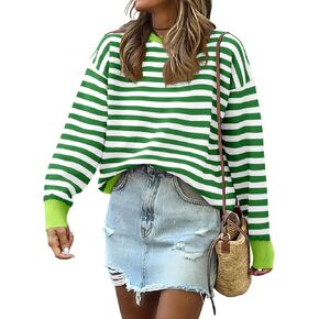 ANRABESS Womens Oversized Striped Sweaters Long Sleeve Crewneck Casual Loose Side Slit Pullover Tops 2024 Fall Trendy Outfits
