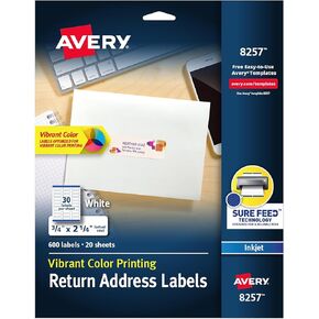 Avery Matte White Return Address Label, Sure Feed Technology, Permanent Adhesive, 3/4" x 2-1/4", 600 Labels (8257)