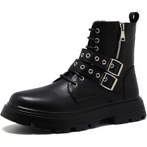 Men's Black Leather Platform Ankle Boots Lace up Side Zip Adjustable Buckle Lug sole Non-Slip Combat Booties Fashion Punk Motorcycle Boots