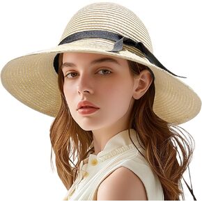Sun Hat for Women, 3.9" Wide Brim Foldable Straw Hat with Chin Strap, with Shaping Wire, UV Protection with Bow Belt