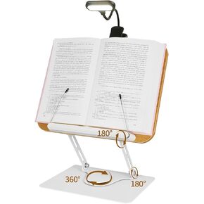 حامل كتب للقراءة مع الضوء، حامل كتب بدون استخدام اليدين مع قاعدة دوارة 360 درجة ومشبك صفحة لطاولة المطبخ، وكتب الطبخ، والنوتة الموسيقية، والكمبيوتر المحمول، والوصفات والكتب المدرسية