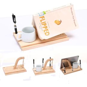 MEGREZ Wooden Book Rest Stand with Pendulm, Shake Away Your Anxiety, Desktop Decompression Ornament， Bookmarks with Cup Holder, , Portable Page Holder/Tablet Stand for Bedroom