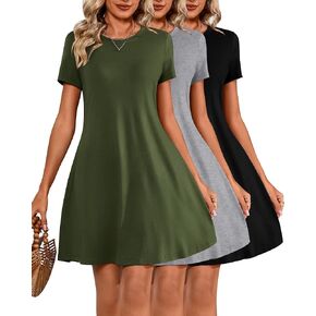 3 Pack Women Casual T Shirt Dresses Short Sleeve Round Neck Loose Fit Tunic Dresses Summer Swing Dress…