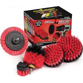 Red Stiff Bristle 5 Piece Cleaning Brush Kit - Outdoor Power Scrubber Brush Kit - Garden, Deck, and Patio Cleaning Tools Set - Concrete Stain Remover - Garden, and Lawn Equipment Cleaning Brush Set