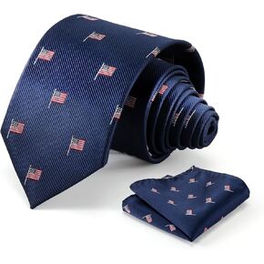 Men's American Flag Tie Set 3.27" (8.3CM) USA Flag Neckties and Pocket Square Set with Gift Box