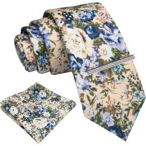RBOCOTT 2.4" Cotton Floral Skinny Tie and Pocket Square With Tie Clip Set Flower Print Necktie for Wedding Party (6cm)