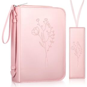 Bible Cover for Women 10.5 x 7.6 x 2.1 in PU Leather Pink Bible Case with Handle and Bookmark, Water Resistant Bible Carrying Case for Women Bible Study Accessories Supplies Bible Protective for Gifts