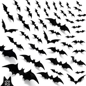 3D Bats Wall Decor, 170Pcs Bat Halloween Decorations, 6 Sizes Bats Windows Stickers, PVC Black Bat Stickers Halloween Party Supplies for DIY Home Wall Decals Hallowmas Indoor Decor