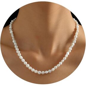 14K Gold Plated White Natural Freshwater Pearl Choker Necklaces for Women Dainty Baroque Rice Pearl Necklace Genuine Real Pearl Strand Necklace Summer Fashion Handmade Jewelry