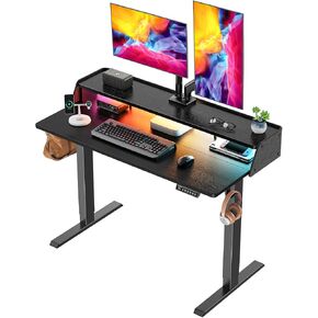 ErGear Standing Desk with LED Strip, 48″ x24″ Electric Height Adjustable RGB Gaming Desk with Shelf, Sit Stand Desk with Dual Cable Holes, C-Clamp Mount Compatible, 4 Preset Heights, Black