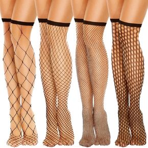 4PCS Women's Fishnet Knee Stockings, Black Knee High Fishnet Socks Tights Lace Fishnet Stockings