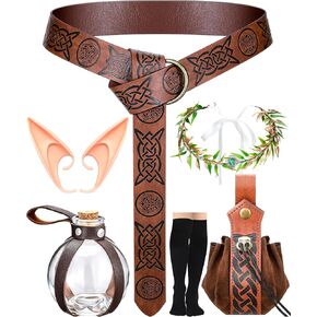 6 Pieces Renaissance Fairy Costume Accessories for Women Medieval Viking Elf Ears Cosplay Brown Belt Knight Leather Pouch Potion Bottle Crown Stocking for Halloween Dress up Cosplay