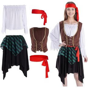 Pirate Costume for Women Adult Pirate Accessories Halloween Renaissance Costumes Outfit with White Shirt Skirt Vest Belt Headscarf for Women Girl