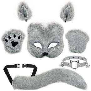 Therian Mask and Tail Kit Faux Furrfy Fox Mask Cat Paws Gloves and Ears for Kid & Adult Halloween Cosplay Party