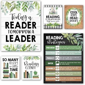 Hadley Designs 6 Motivational Reading Strategies Posters – Classroom and Library Decorations for Elementary School, Reading Corner and Literacy Wall Art – Farmhouse Classroom Decor