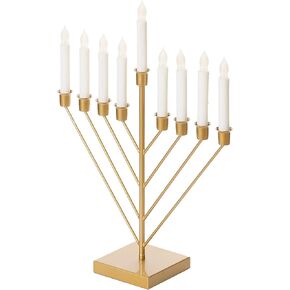 Nine Branch Electric Chabad Judaica Chanukah Menorah with LED Candle Design Candlestick, Gold