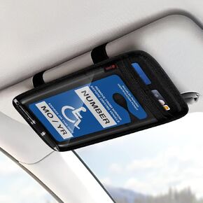 SITHON Handicap Placard Holder for Car Visor, Disabled Parking Permit Sign Protector with Pen Holder, Card Slots and Elastic Strap, Black (Holder Only)