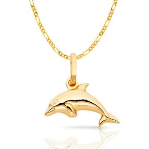 14K Yellow Gold Jumping Dolphin Prosperity Charm Pendant with 1.2mm Figaro 3+1 Chain Necklace