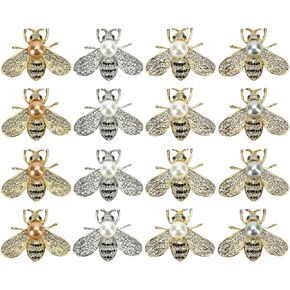 16 PCS Honey Bee Brooch Pins Bulk - Gold Designer Brooches for Women - Crystal Insect Themed with Faux Pearl - Fashion Lapel Gift for Birthday, Dating, Party, Anniversary